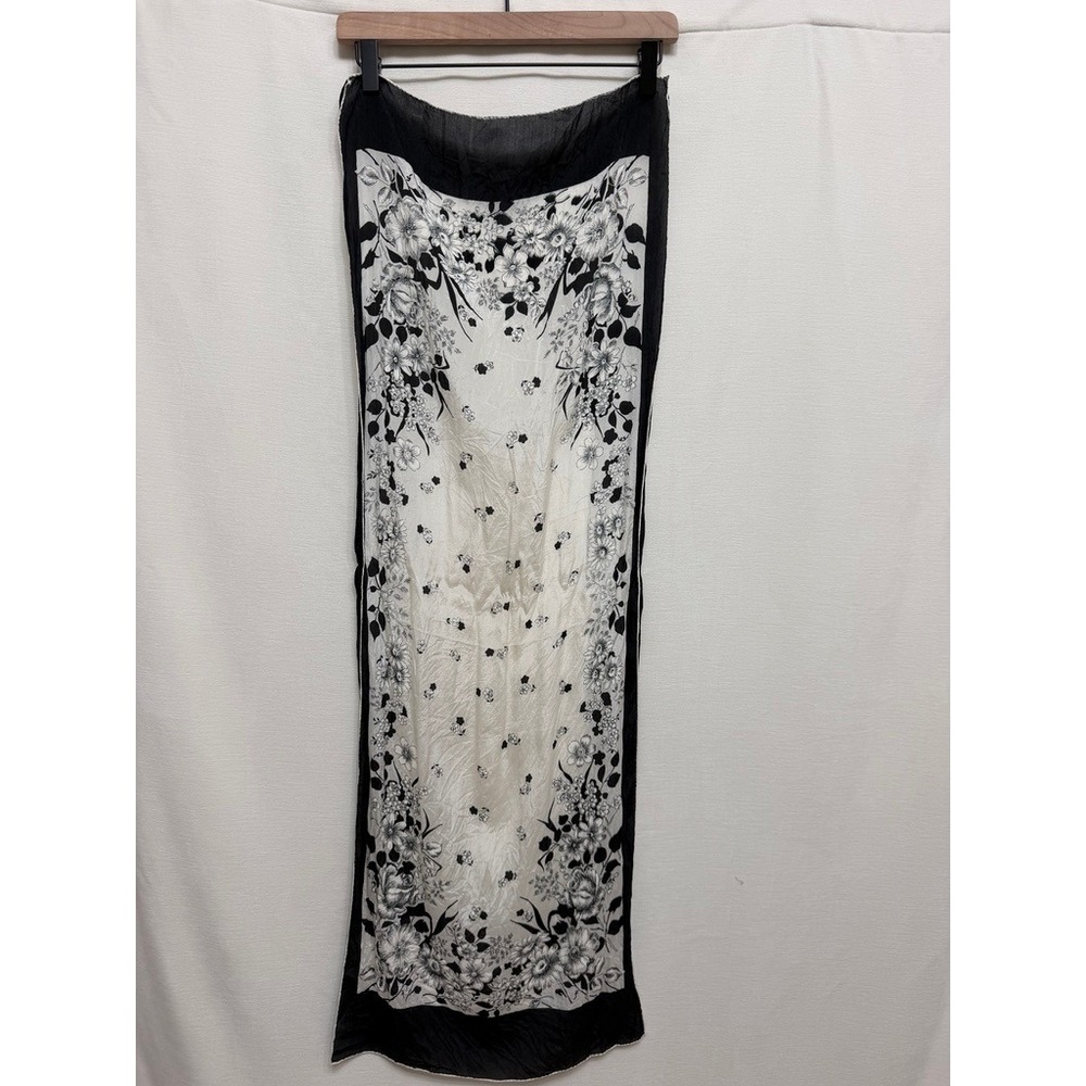 Unbranded Black White Monochrome Floral Silk Scarf Long Neck Accessory One Size